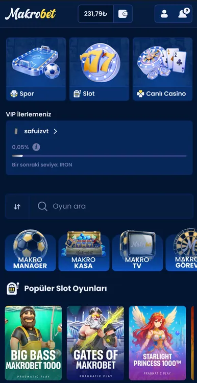 Makrobet uygulamasının ana sayfası
